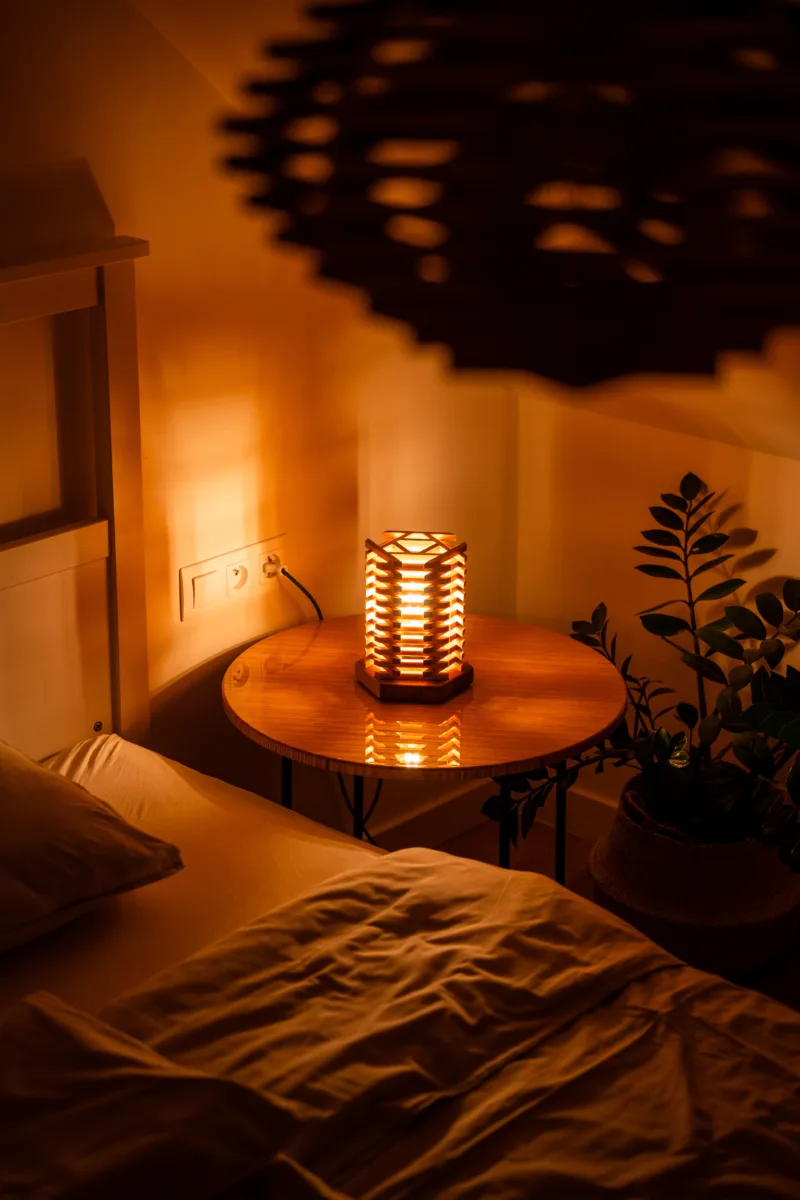 Stolni dřevěná lampa Tria Costa v interiéru potmě z nadhledu.