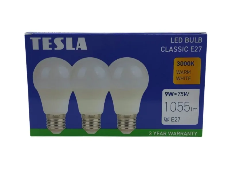 krabička - LED žárovka Tesla BULB E27 - Balení 3ks - 9W, teplá bílá
