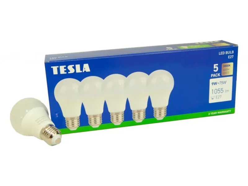 LED žárovka Tesla BULB E27 - Balení 5ks - 9W, teplá bílá - krabička se žárovkou