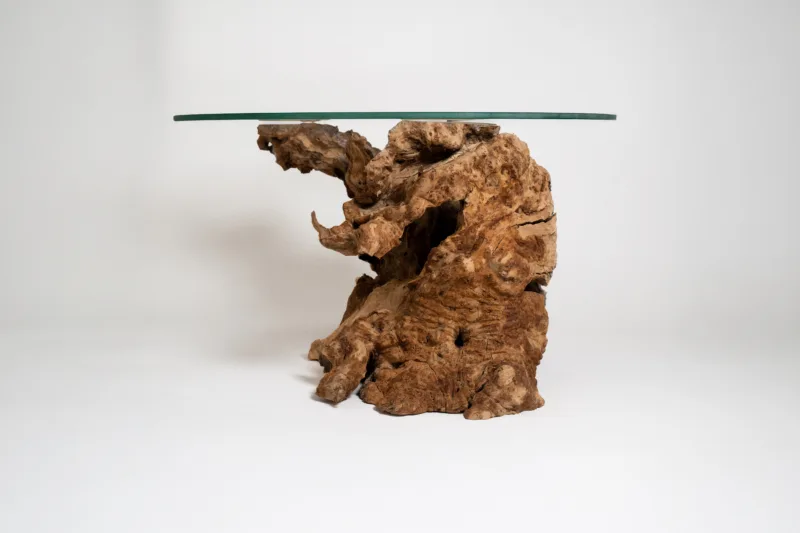 Konferenční stůl Bon Tribelle spojuje přírodní kořen olivovníku starý přes 100 let s elegantní skleněnou deskou Glase Cir. Originální solitér s duší přírody.