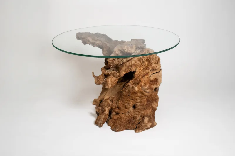 Konferenční stůl z více než 100 let starého olivového kořene s kruhovou skleněnou deskou Glase Cir (80 cm). Spojení přírodního artefaktu a elegantního designu.