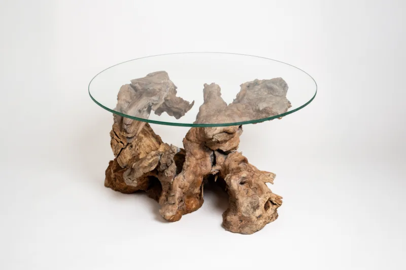 Konferenční stůl Bon Tribelle spojuje přírodní kořen olivovníku starý přes 100 let s elegantní skleněnou deskou Glase Cir. Originální solitér s duší přírody.