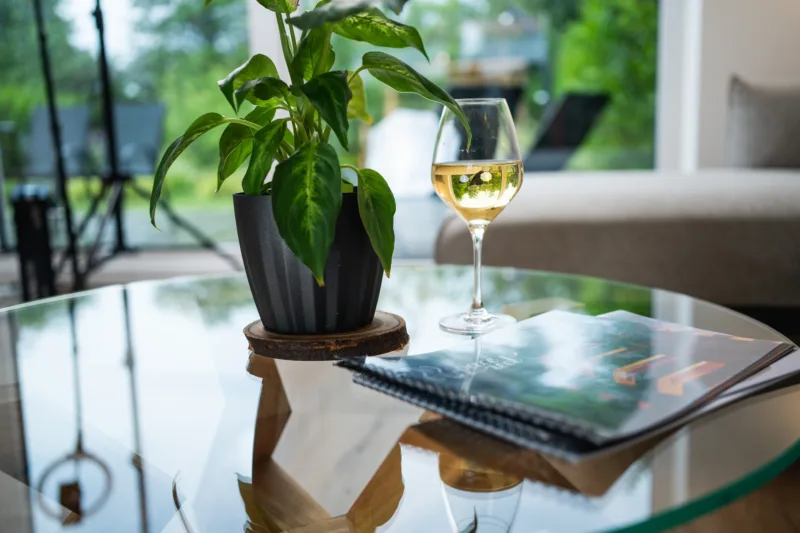 Konferenční stůl Bon Verto z dubového dřeva s deskou se skleněnou deskou Glase Cir 80 cm pohled na desku s vínem a květináčem.