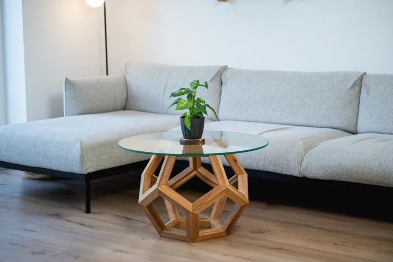 Konferenční stůl Bon Lioro z masivního dubu se skleněnou deskou Glase Cir pohled shora s rostlinou.