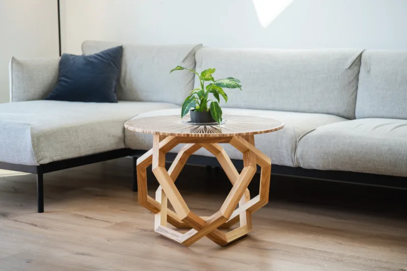 Konferenční jasanový stůl Bon Taero s epoxidovou deskou Arbo Iris pohled na čelní stranu s rostlinou.
