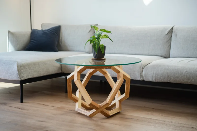 Konferenční jasanový stůl Bon Taero se skleněnou deskou Glase Cir v interiéru pohled na čelní stranu s rostlinou.