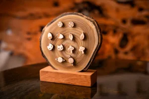 Dřevěný stojan na náušnice Guliver z přední strany.