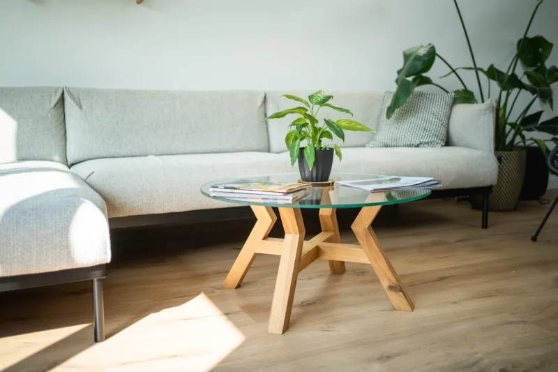 Konferenční dubový stůl Bon Veyron se skleněnou deskou Glase Cir 80 cm v interiéru pohled zboku s rostlinou.