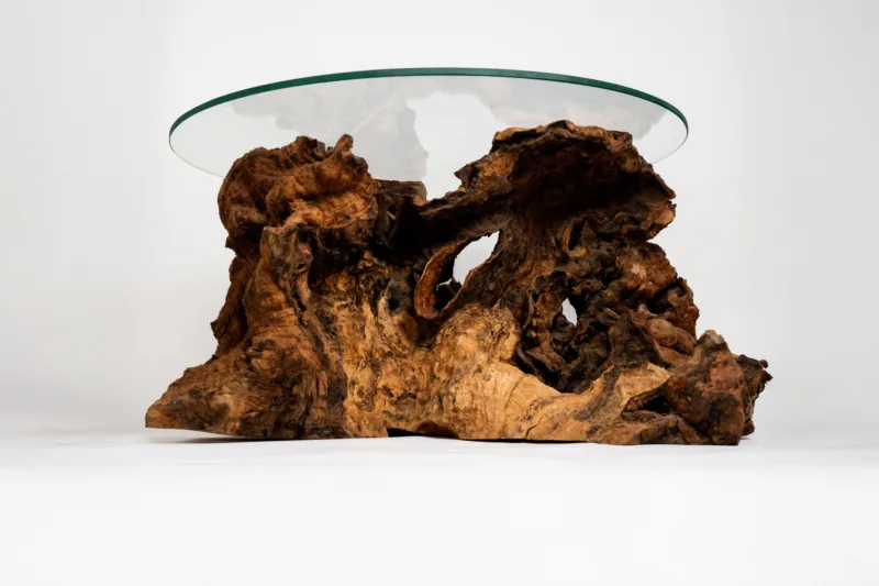 Skleněná stolová deska Glase Cir o průměru 80 cm se stolem Bon Rivo pohled zdola